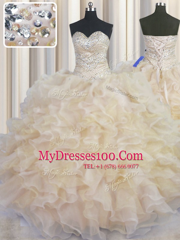 Sweetheart Sleeveless Organza Quince Ball Gowns Beading and Ruffles Lace Up