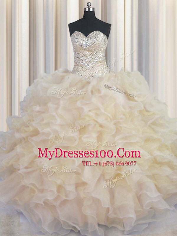 Sweetheart Sleeveless Organza Quince Ball Gowns Beading and Ruffles Lace Up