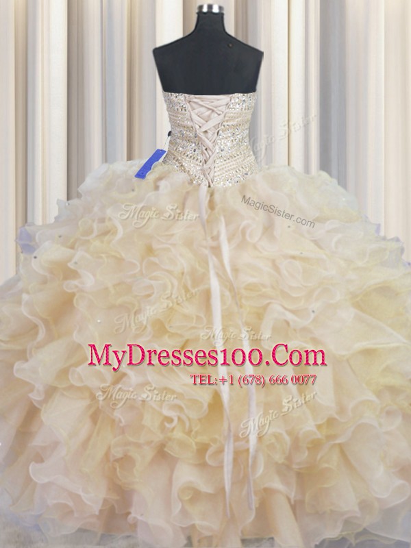 Sweetheart Sleeveless Organza Quince Ball Gowns Beading and Ruffles Lace Up
