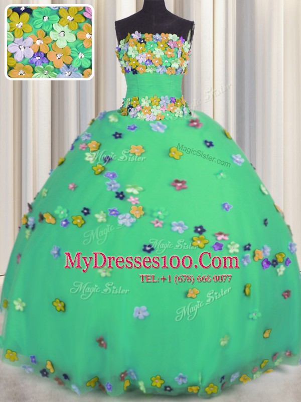 Turquoise Tulle Lace Up Quinceanera Dress Sleeveless Floor Length Hand Made Flower