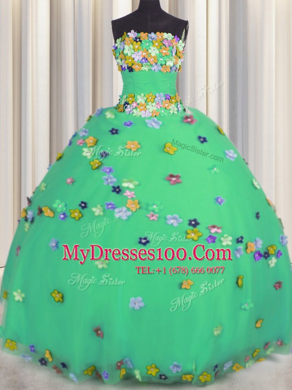 Turquoise Tulle Lace Up Quinceanera Dress Sleeveless Floor Length Hand Made Flower