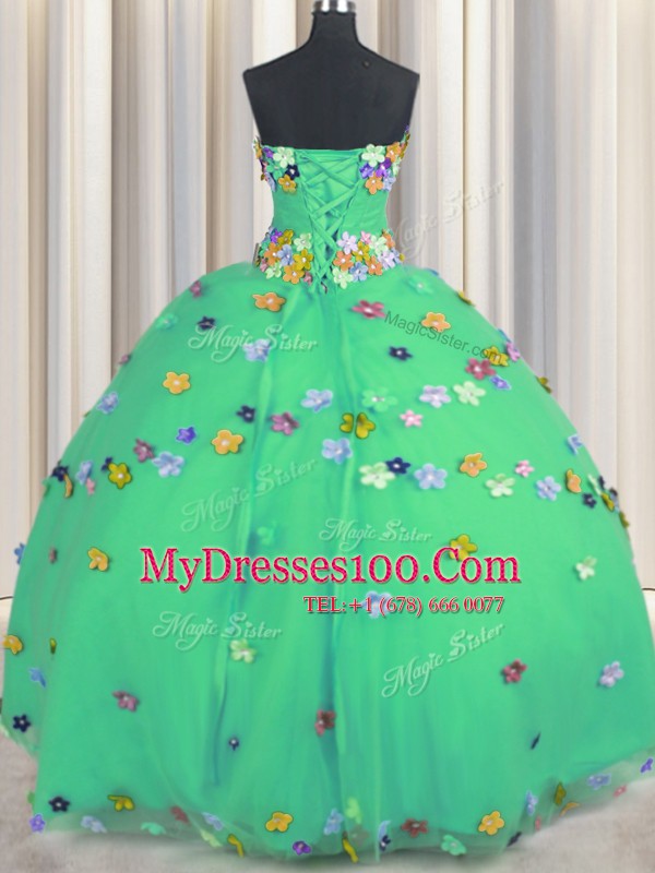 Turquoise Tulle Lace Up Quinceanera Dress Sleeveless Floor Length Hand Made Flower