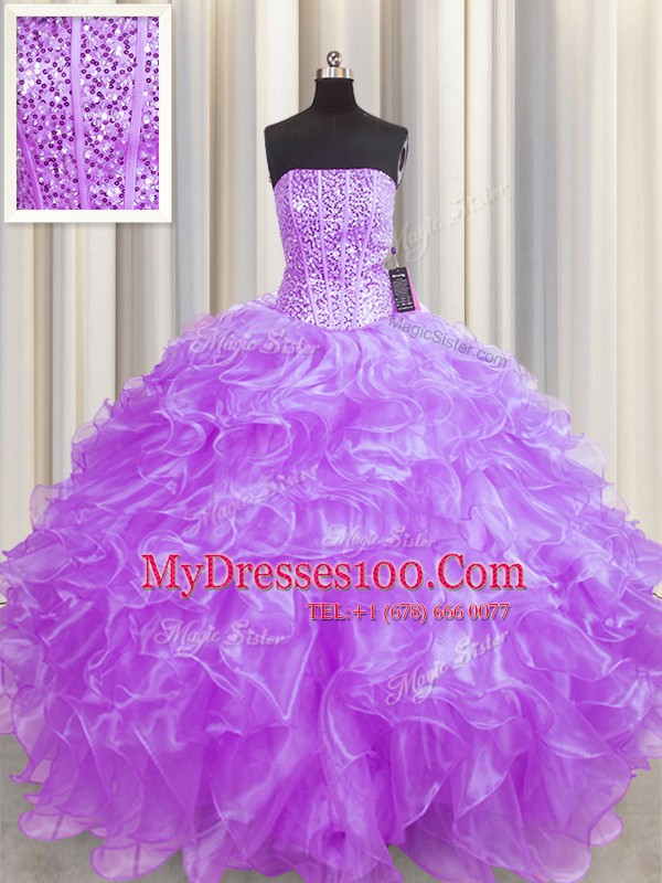 Visible Boning Strapless Sleeveless Organza 15 Quinceanera Dress Beading and Ruffles Lace Up