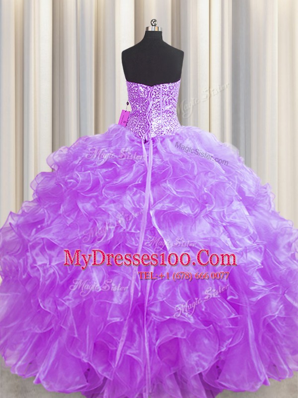 Visible Boning Strapless Sleeveless Organza 15 Quinceanera Dress Beading and Ruffles Lace Up