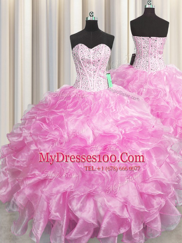 Comfortable Visible Boning Zipper Up Rose Pink Sleeveless Organza Zipper 15th Birthday Dress for Military Ball and Sweet 16 and Quinceanera