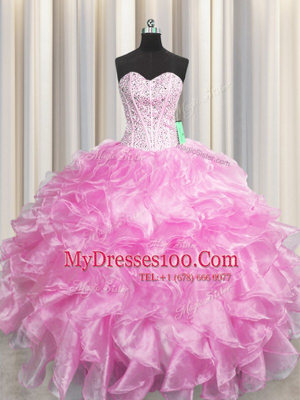 Comfortable Visible Boning Zipper Up Rose Pink Sleeveless Organza Zipper 15th Birthday Dress for Military Ball and Sweet 16 and Quinceanera