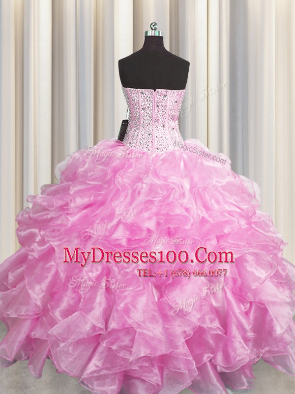Comfortable Visible Boning Zipper Up Rose Pink Sleeveless Organza Zipper 15th Birthday Dress for Military Ball and Sweet 16 and Quinceanera