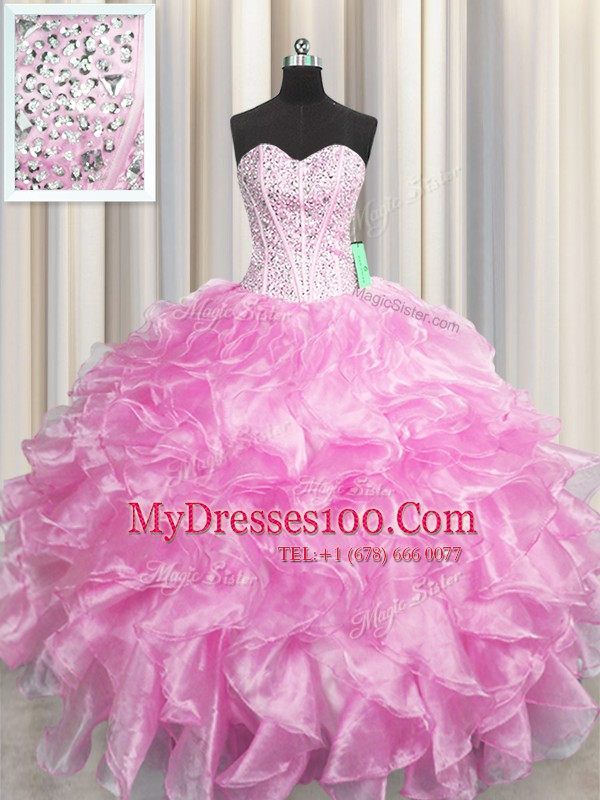 Comfortable Visible Boning Zipper Up Rose Pink Sleeveless Organza Zipper 15th Birthday Dress for Military Ball and Sweet 16 and Quinceanera
