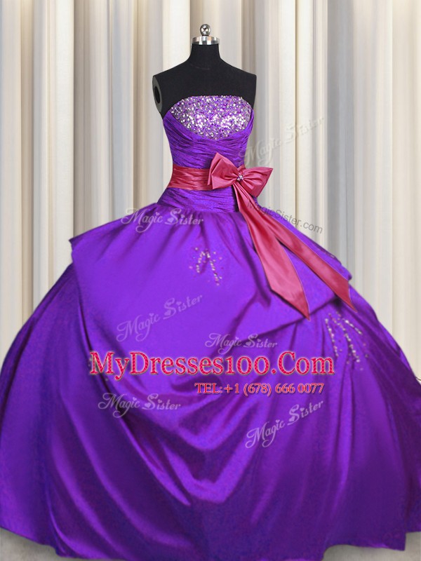 Stunning Purple Strapless Neckline Beading and Bowknot Quinceanera Dress Sleeveless Lace Up