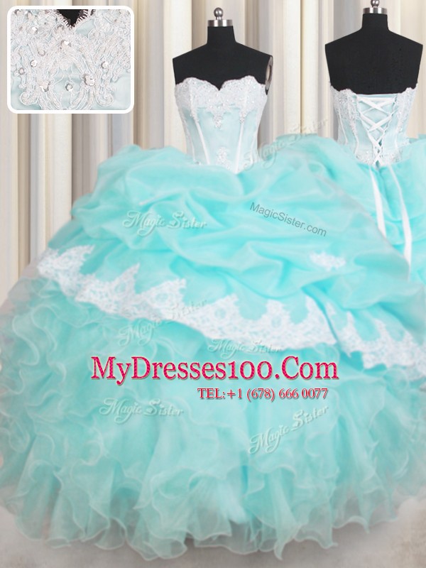 Baby Blue Ball Gowns Organza Sweetheart Sleeveless Beading and Appliques and Ruffled Layers Floor Length Lace Up Quinceanera Gown