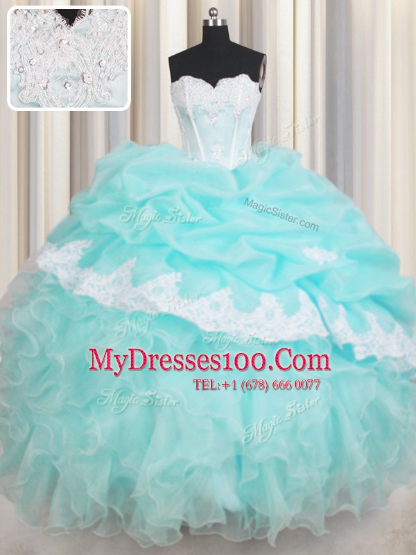 Baby Blue Ball Gowns Organza Sweetheart Sleeveless Beading and Appliques and Ruffled Layers Floor Length Lace Up Quinceanera Gown