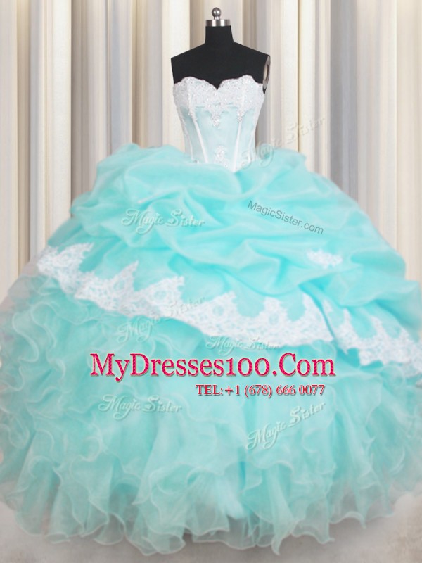 Baby Blue Ball Gowns Organza Sweetheart Sleeveless Beading and Appliques and Ruffled Layers Floor Length Lace Up Quinceanera Gown