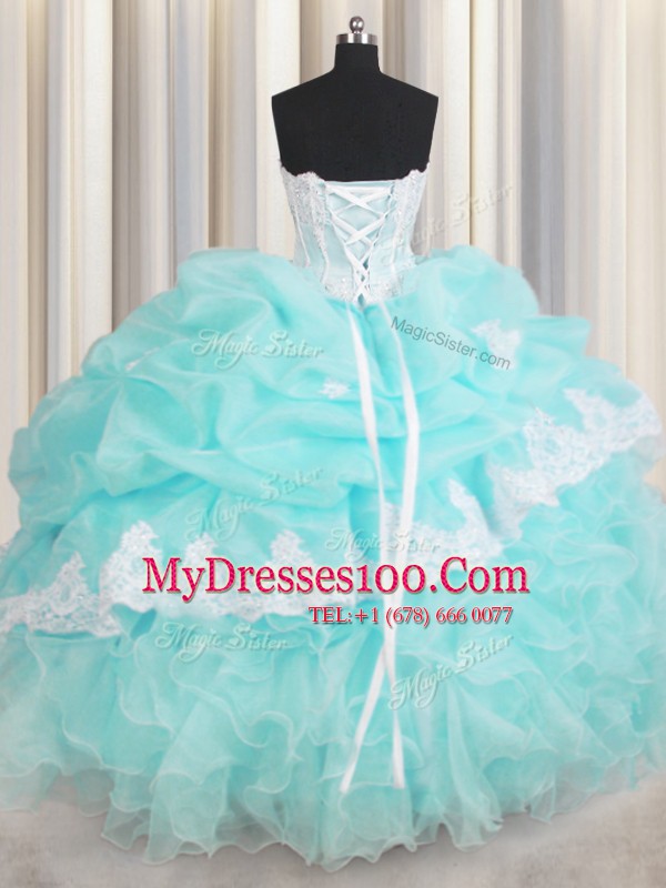 Baby Blue Ball Gowns Organza Sweetheart Sleeveless Beading and Appliques and Ruffled Layers Floor Length Lace Up Quinceanera Gown