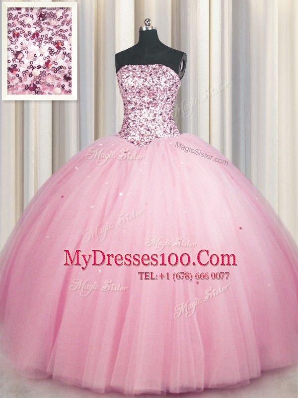 Sequins Big Puffy Floor Length Pink Ball Gown Prom Dress Strapless Sleeveless Lace Up