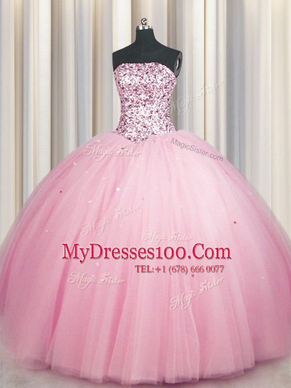 Sequins Big Puffy Floor Length Pink Ball Gown Prom Dress Strapless Sleeveless Lace Up
