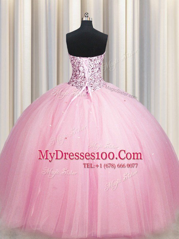 Sequins Big Puffy Floor Length Pink Ball Gown Prom Dress Strapless Sleeveless Lace Up
