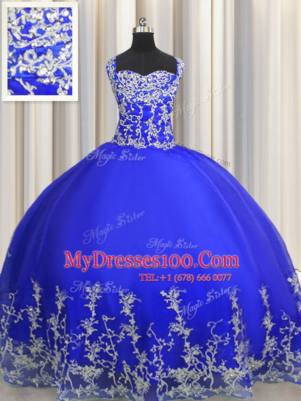 Ball Gowns Quinceanera Dresses Royal Blue Halter Top Organza Sleeveless Floor Length Lace Up