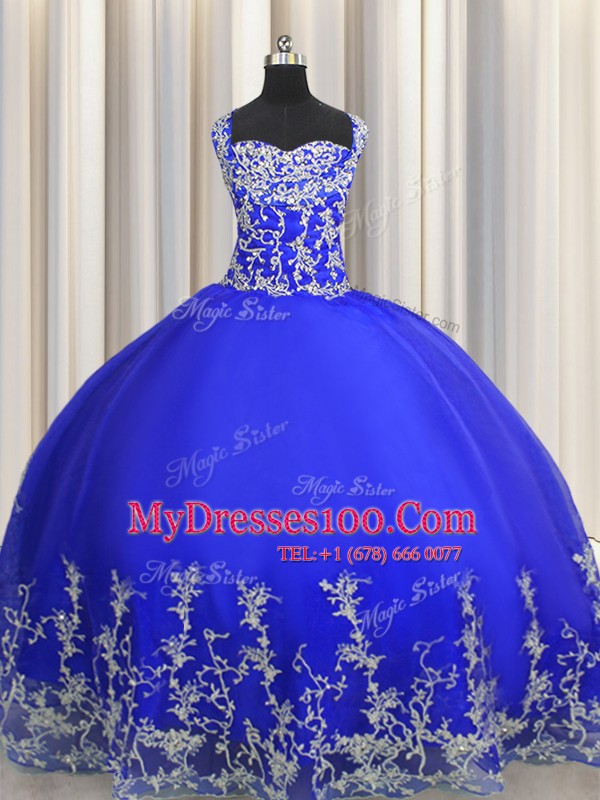Ball Gowns Quinceanera Dresses Royal Blue Halter Top Organza Sleeveless Floor Length Lace Up