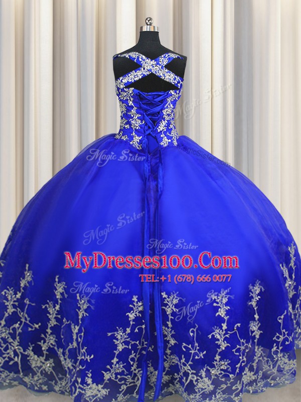Ball Gowns Quinceanera Dresses Royal Blue Halter Top Organza Sleeveless Floor Length Lace Up