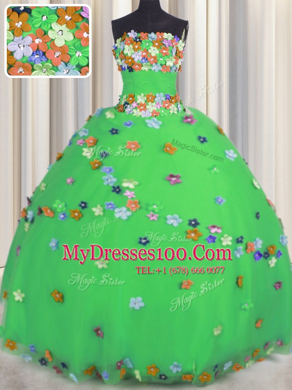 Green Tulle Lace Up Strapless Sleeveless Floor Length Sweet 16 Dress Hand Made Flower