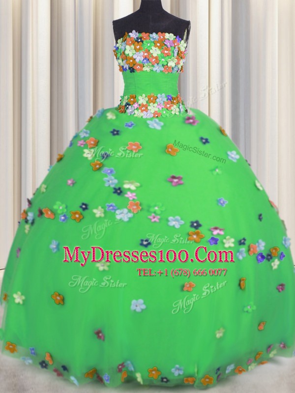 Green Tulle Lace Up Strapless Sleeveless Floor Length Sweet 16 Dress Hand Made Flower