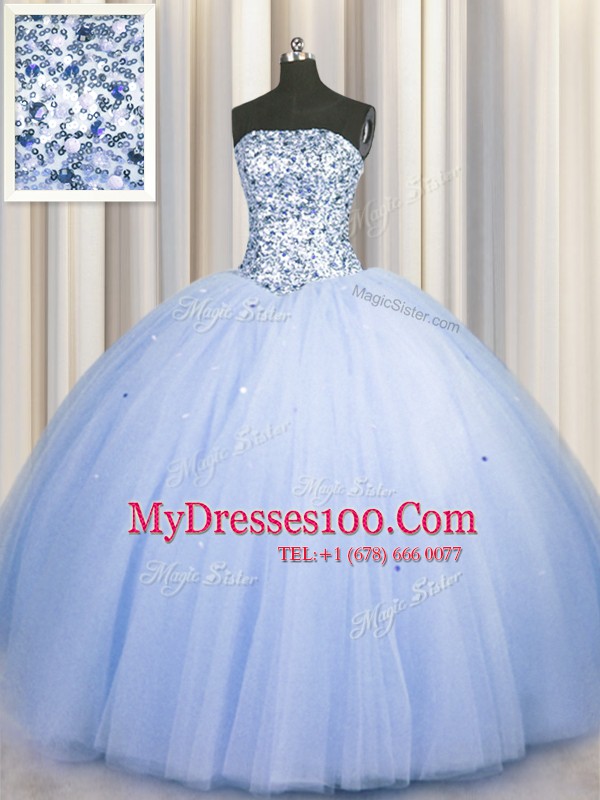 Sophisticated Big Puffy Floor Length Blue Quinceanera Dress Tulle Sleeveless Beading and Sequins