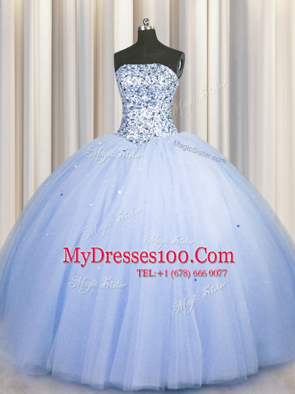 Sophisticated Big Puffy Floor Length Blue Quinceanera Dress Tulle Sleeveless Beading and Sequins