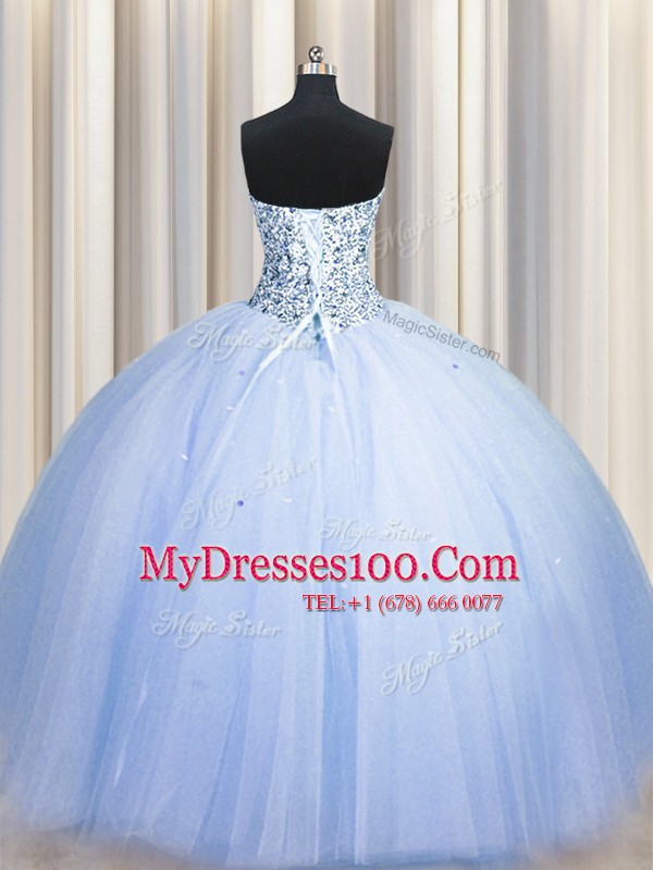 Sophisticated Big Puffy Floor Length Blue Quinceanera Dress Tulle Sleeveless Beading and Sequins