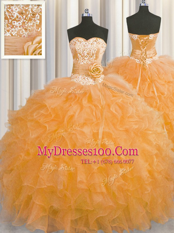 Artistic Handcrafted Flower Orange Sweetheart Lace Up Beading and Ruffles and Hand Made Flower Sweet 16 Dress Sleeveless