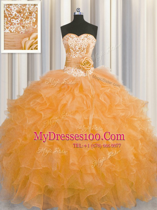 Artistic Handcrafted Flower Orange Sweetheart Lace Up Beading and Ruffles and Hand Made Flower Sweet 16 Dress Sleeveless