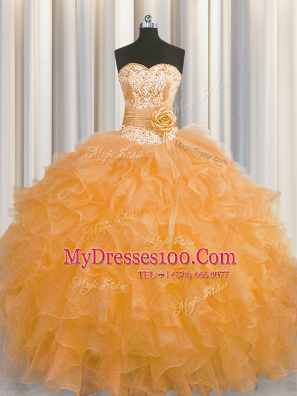 Artistic Handcrafted Flower Orange Sweetheart Lace Up Beading and Ruffles and Hand Made Flower Sweet 16 Dress Sleeveless