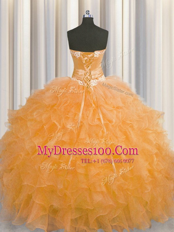 Artistic Handcrafted Flower Orange Sweetheart Lace Up Beading and Ruffles and Hand Made Flower Sweet 16 Dress Sleeveless