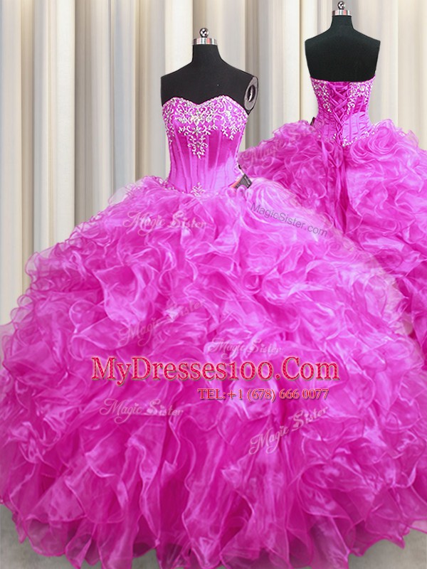 Best Selling Beading and Ruffles Quince Ball Gowns Fuchsia Lace Up Sleeveless Sweep Train