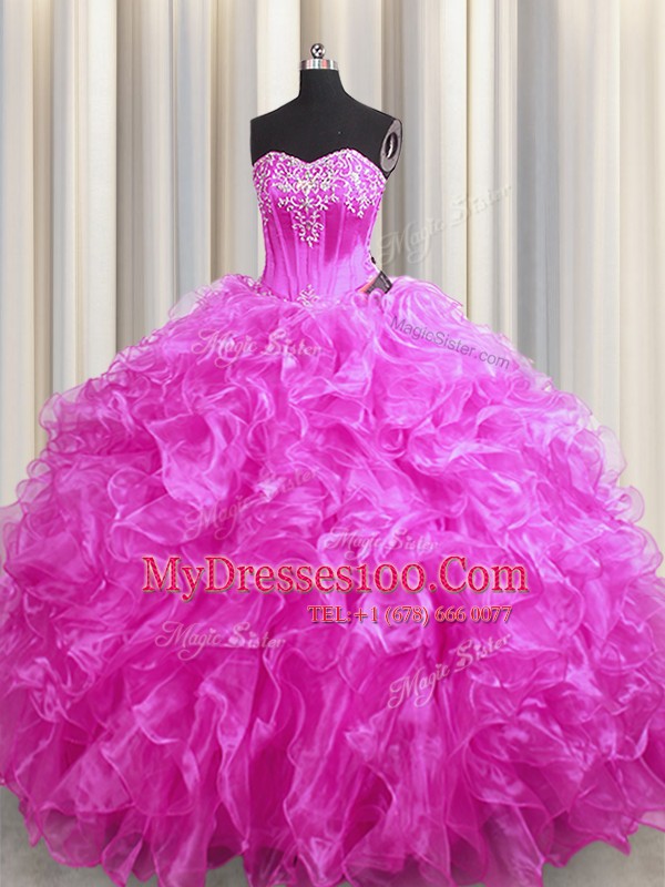 Best Selling Beading and Ruffles Quince Ball Gowns Fuchsia Lace Up Sleeveless Sweep Train