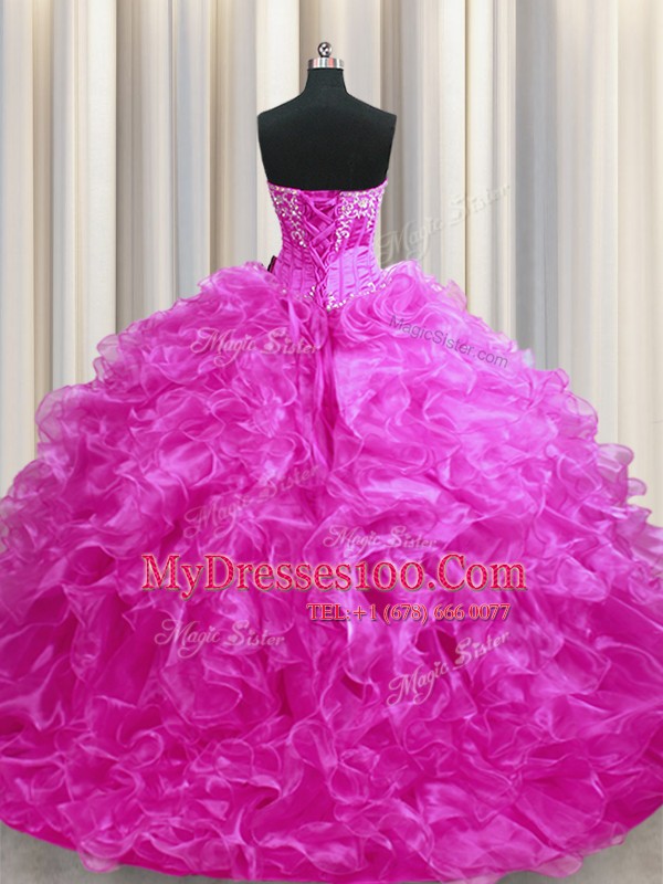Best Selling Beading and Ruffles Quince Ball Gowns Fuchsia Lace Up Sleeveless Sweep Train