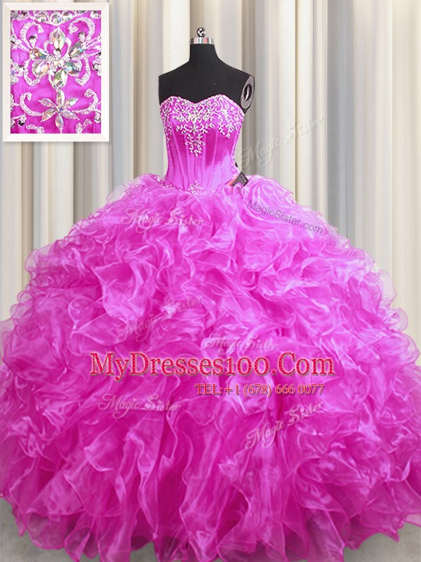 Best Selling Beading and Ruffles Quince Ball Gowns Fuchsia Lace Up Sleeveless Sweep Train