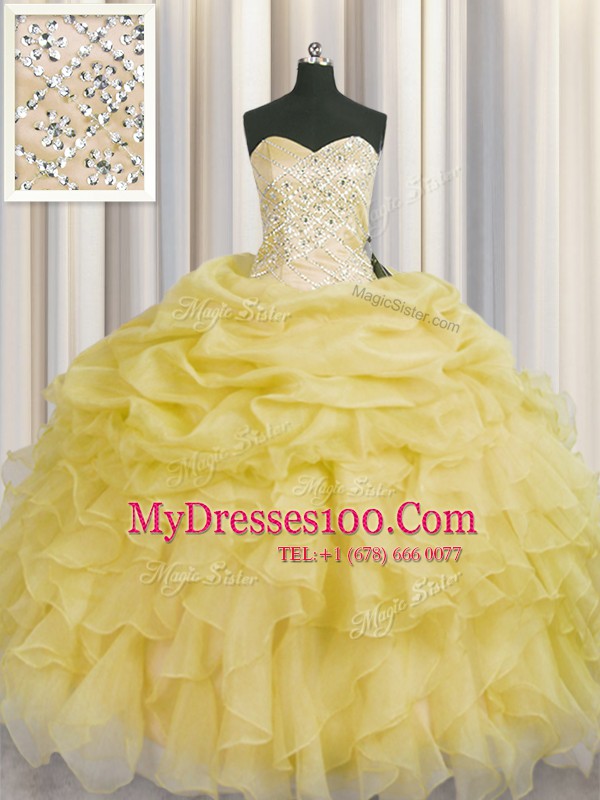 Light Yellow Organza Lace Up Sweetheart Sleeveless Floor Length 15th Birthday Dress Beading and Ruffles