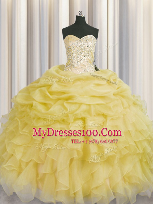 Light Yellow Organza Lace Up Sweetheart Sleeveless Floor Length 15th Birthday Dress Beading and Ruffles