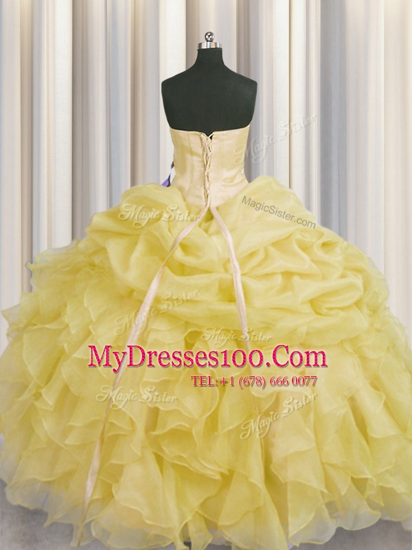 Light Yellow Organza Lace Up Sweetheart Sleeveless Floor Length 15th Birthday Dress Beading and Ruffles