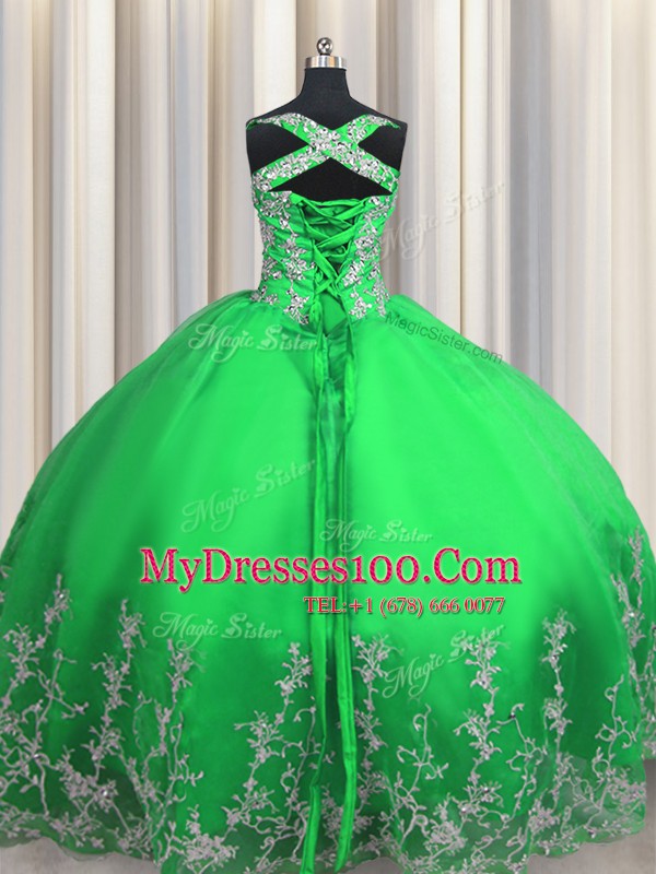 Custom Fit Apple Green Lace Up Sweet 16 Dresses Beading and Appliques Sleeveless Floor Length