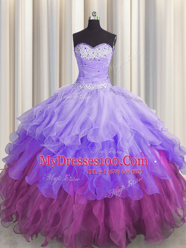 Beading and Ruffles and Ruffled Layers and Sequins Quinceanera Gown Multi-color Lace Up Sleeveless Floor Length