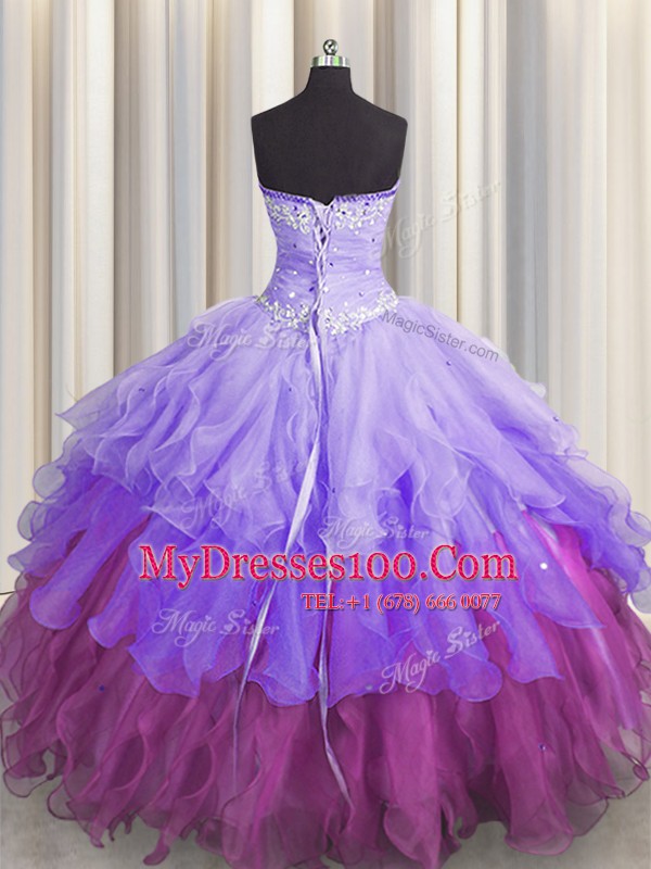 Beading and Ruffles and Ruffled Layers and Sequins Quinceanera Gown Multi-color Lace Up Sleeveless Floor Length