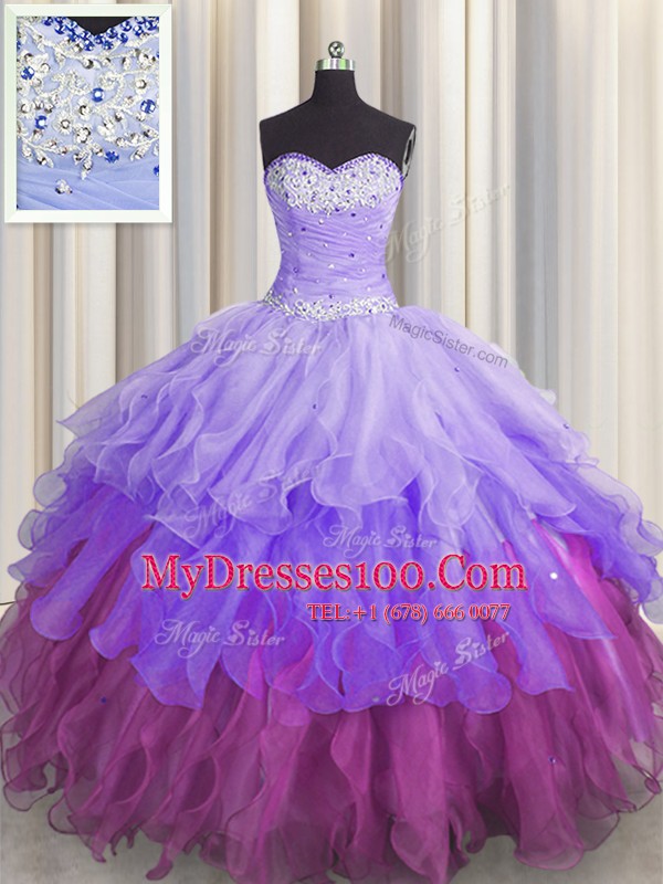Beading and Ruffles and Ruffled Layers and Sequins Quinceanera Gown Multi-color Lace Up Sleeveless Floor Length