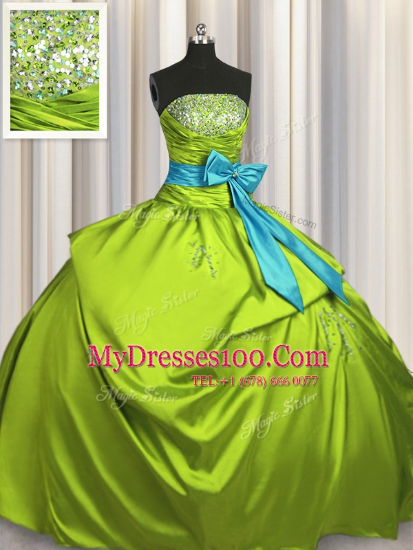 Popular Sleeveless Floor Length Beading and Ruching and Bowknot Lace Up Quinceanera Dress with Olive Green