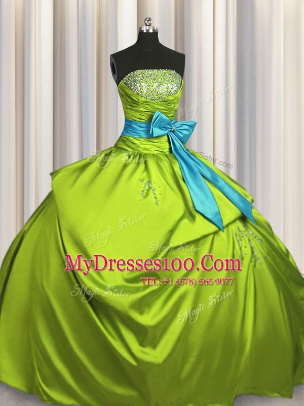 Popular Sleeveless Floor Length Beading and Ruching and Bowknot Lace Up Quinceanera Dress with Olive Green