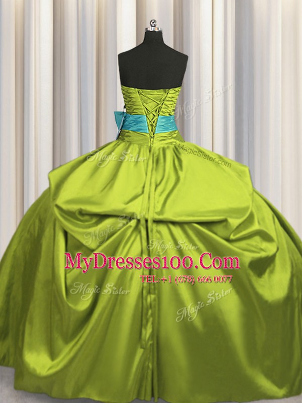 Popular Sleeveless Floor Length Beading and Ruching and Bowknot Lace Up Quinceanera Dress with Olive Green