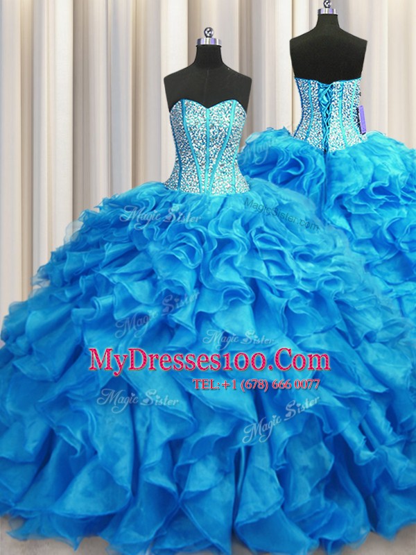 Pretty Visible Boning Baby Blue Vestidos de Quinceanera Sweetheart Sleeveless Brush Train Lace Up