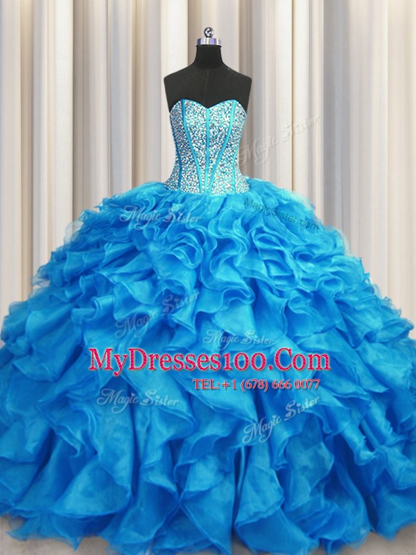 Pretty Visible Boning Baby Blue Vestidos de Quinceanera Sweetheart Sleeveless Brush Train Lace Up