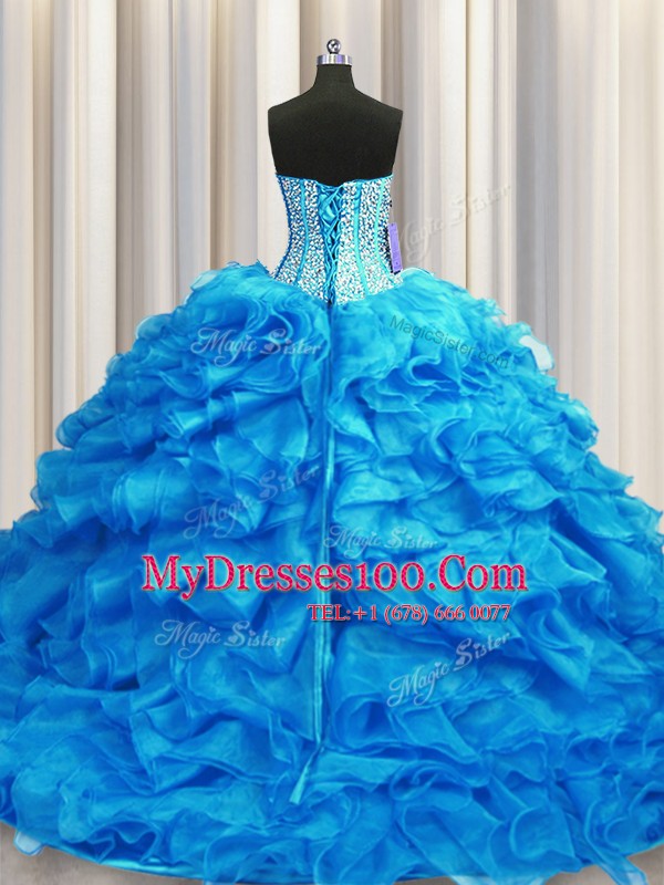 Pretty Visible Boning Baby Blue Vestidos de Quinceanera Sweetheart Sleeveless Brush Train Lace Up