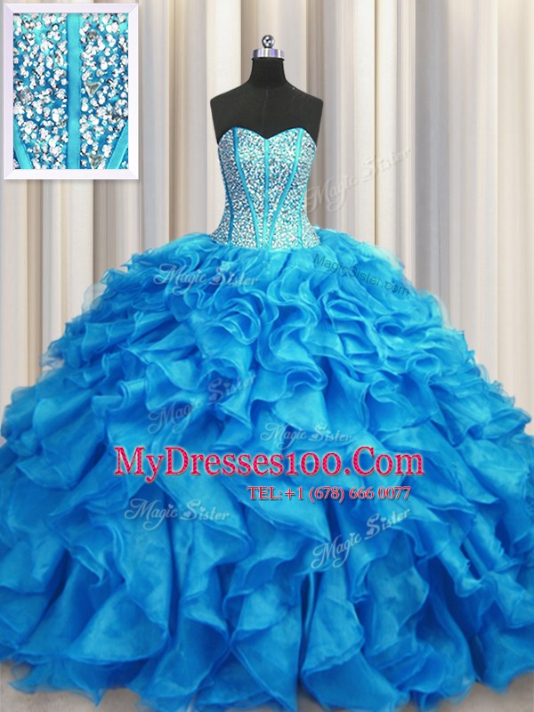 Pretty Visible Boning Baby Blue Vestidos de Quinceanera Sweetheart Sleeveless Brush Train Lace Up